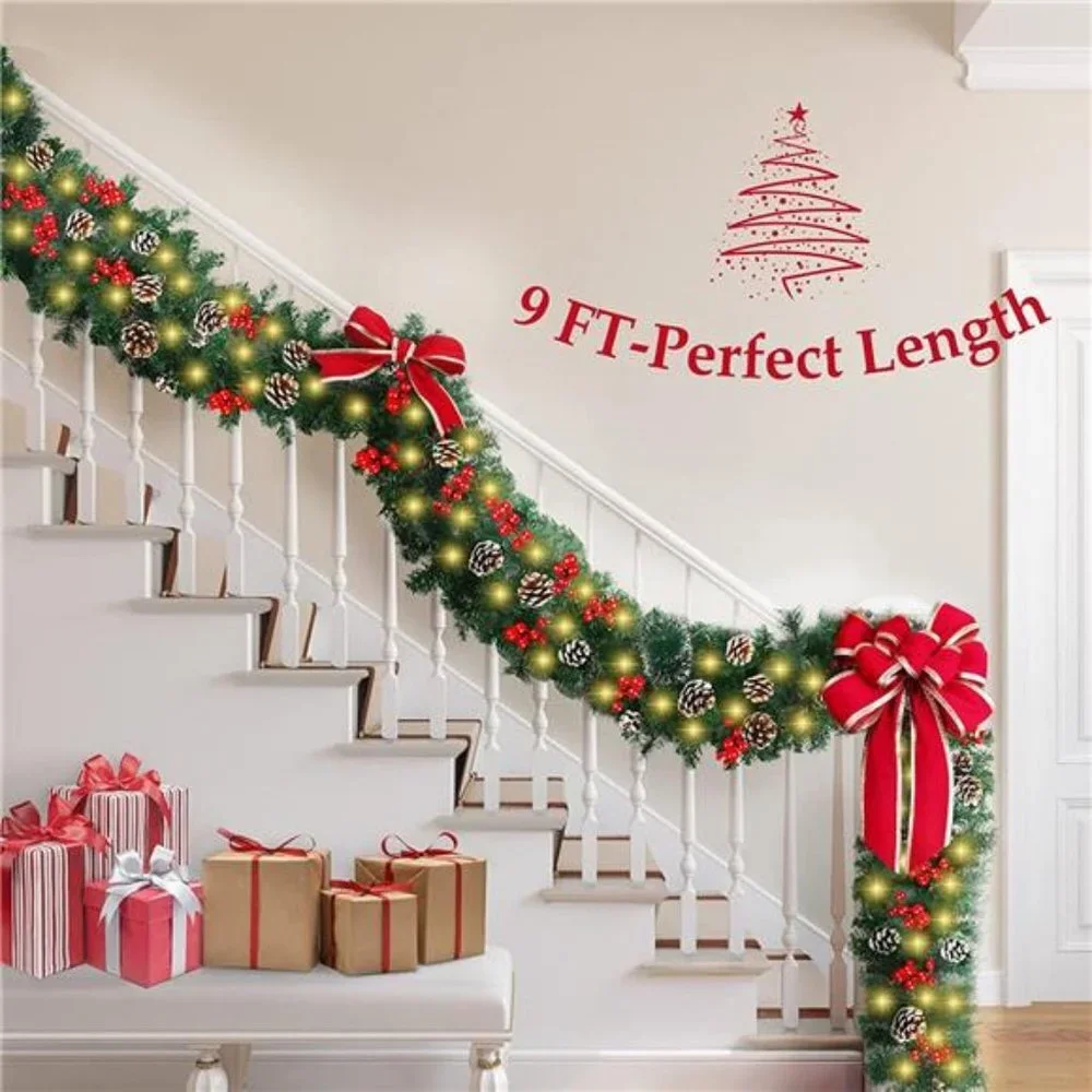 9 Ft by 10 Inch Christmas Garland with 100 LED Lights, Pre-Lit Christmas Garland